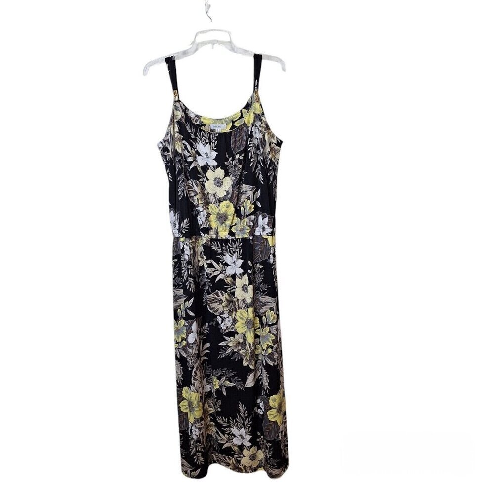 Susan Graver Size LP Maxi Dress Stretch Sleeveless Elastic Waist Black Floral‎